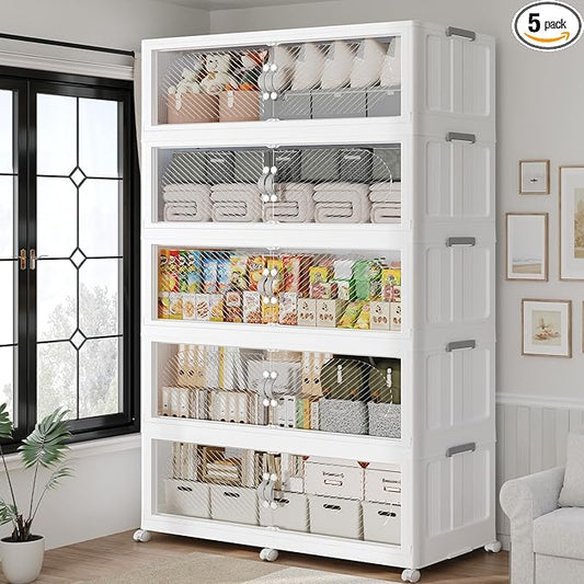300Gal/1200QT 5-Tiers Extra Large Stackable Storage Bins with Lid, Collapsible Cabinet Closet Organizer Plastic Container Box with Wheels Doors Drawers for Office Dorm Kitchen Office, White