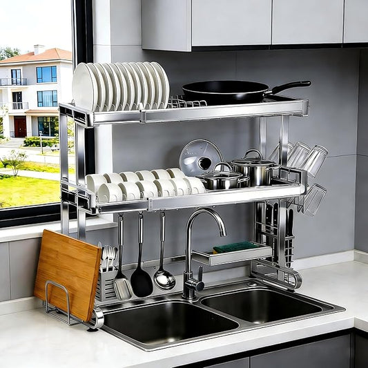 Over The Sink Dish Drying Rack,Large Capacity 23.8"-39.3",Over The Sink Dish Srying Rack Expandable Drainer & Storage Organizer for Kitchen Counter Full Stainless Steel