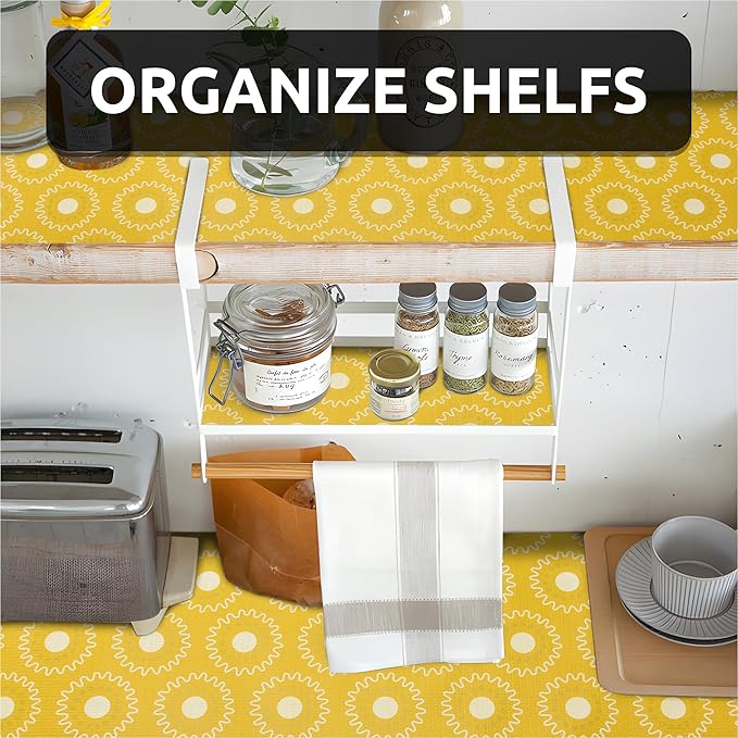FIFTY FEET 12X120 Inch Shelf Liner for Kitchen Cabinets, PVC Drawer Liner for Dresser Non-Slip Bathroom, Non-Adhesive Cabinet Liner Washable (Yellow Circle)(2 Roll)