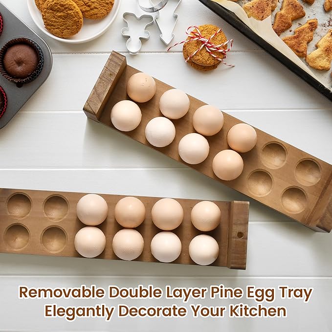 Sishynio Double Layer Egg Tray Holder Countertop - Wooden Fresh Egg Rack Stackable Storage Basket, 2 Tier Egg Organizer for Farmhouse Kitchen Refrigerator