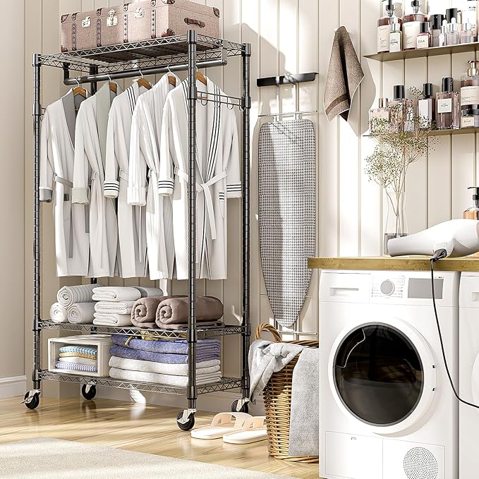 M MZG Heavy Duty Rolling Garment Rack 3 Tiers Adjustable Wire Shelving Clothes Rack with Rods and Side Hooks,Storage Closet Clothing Rack with Wheels Black 15.7" D x 29.5" W x 74.5" H