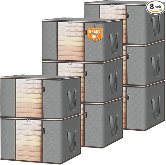 BALEINE 8 Pack Clothes Storage Bags, 24 Gallon Storage Containers with Reinforced Handle Sturdy Zipper, Closet Storage for Blanket Comforter Pillow Bedding (Grey, 8 Pack)