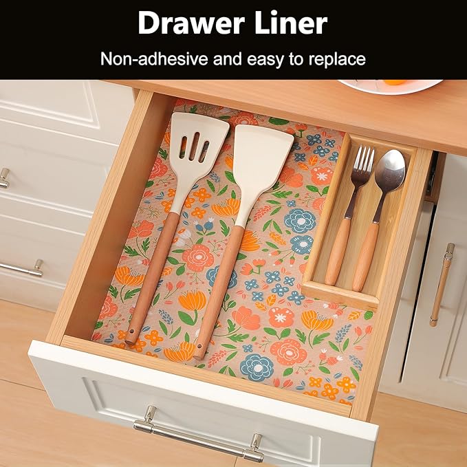 INNOLITES Shelf Liner for Kitchen Cabinets, Non-Adhesive Drawer Liner, Waterproof Washable EVA Floral Pattern, Protect Dresser Cupboard Refrigerator Shelves (Blue Orange Pink, 23.6" x 360")