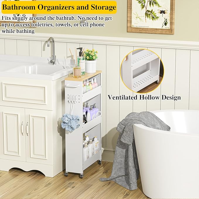 OKZEST Utility Slim Storage Cart, 4-Tier Narrow Laundry Room Bathroom Organizers and Storage Cart, Metal Pantry Kitchen Organization Shelf with Wood Top, Slim Rolling Rack with Wheels for Small Space