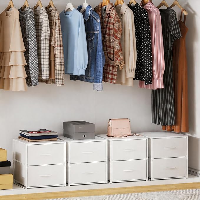 2 Pack Stackable Storage Closet Drawers, White Closet Organizers and Storage, Small Drawers for Closet with Wooden Top & Metal Frame, 2 Tier Modern Short Dresser for Bedroom,Dorm,Living Room, Office