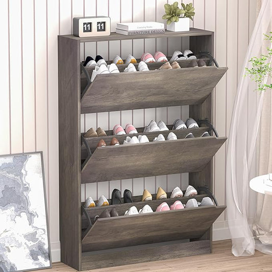 BORNOON Shoe Cabinet with 3 Flip Drawers, Hidden Wood Shoe Cabinet,Freestanding Shoe Storage Cabinet for Entryway Hallway