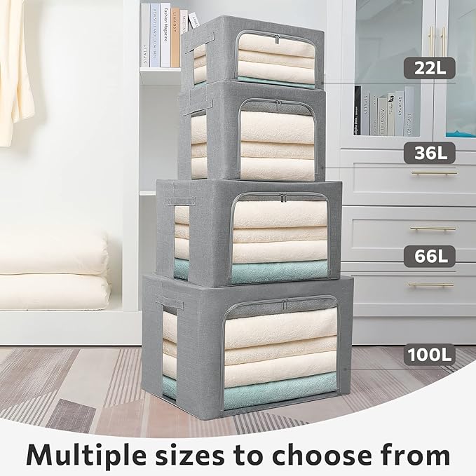 FHSQX 2 Pack Clear Window Storage Bins Stackable Linen Fabric Storage for Clothes Foldable Box Organizer Set with Carrying Handles-36L (Gray, 15.7x 11.8x 11.7 Inch)