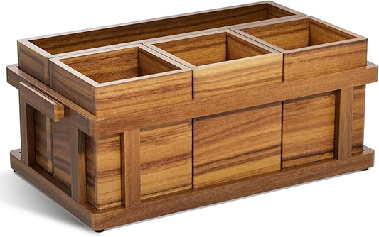 Acacia Silverware Caddy for Parties, Utensil Caddy with Paper Plate Dispenser, 4-Compartment Cutlery Flatware Organizer for Spoons, Forks, Napkins - Natural Wood Finish