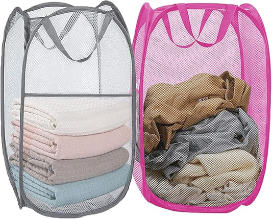 Pack of 2 Pop Up Laundry Hamper for Cruise, Foldable Laundry Basket Collapsible Design Space Saving, Large Side Pocket for Bedroom, Laundry Room, Travel, Hotel, Apartment (Grey+Rose Red)