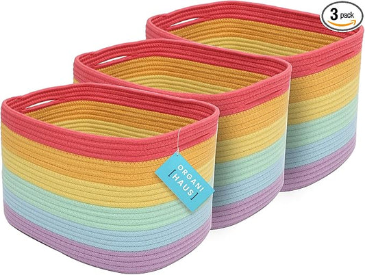 OrganiHaus Set of 3 Rainbow Baskets - Colorful Woven Storage Baskets for Playroom, Nursery & Classroom Decor, Toy Storage, 15x9x10