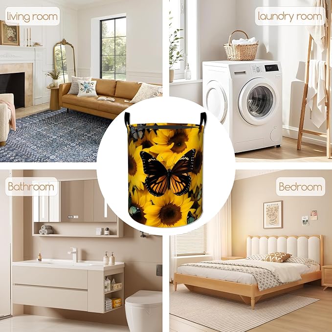 Sunflower Laundry Basket, Butterfly Print Foldable Oxford Cloth, Waterproof Dirty Clothes Hamper with Handles, Clothing Storage Bucket Toy Organizer for Bathroom Bedroom Dorm, 19.7"x15.7"