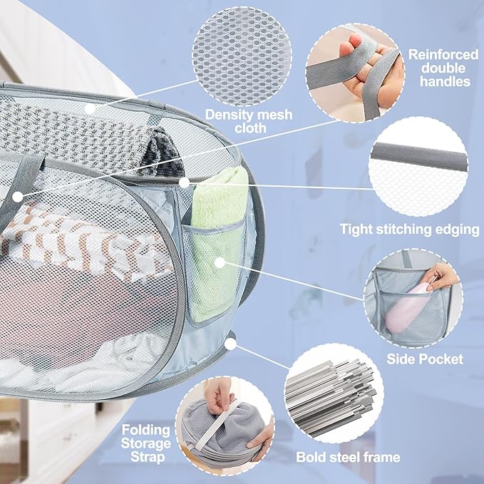 2PCS Mesh Laundry Hamper,Collapsible Laundry Baskets,75L Large Foldable Dirty Laundry Clothes Hamper Storage Basket Horizontal with Side Pocket&carry Handle for Home Travel grey Emerald
