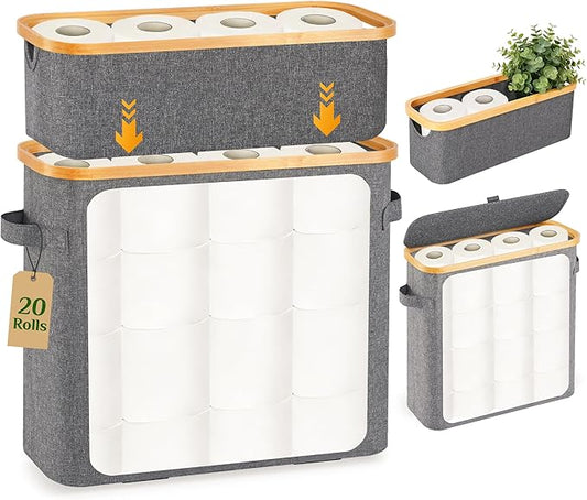 Livole 2-in-1 Toilet Paper Storage with Lid Toilet Paper Basket- 20 Regular Rolls or 15 Mega Rolls Extra Large Toilet Paper Organizer for Bathroom, Grey