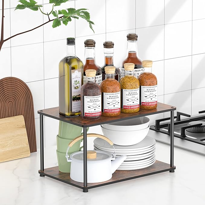 Countertop Spice Rack, Stackable Wood & Metal Pantry Cabinet Shelf Organizer Storage, 2-Tier Multi-Use for Kitchen Bathroom Desktop Home Office, Rustic Brown