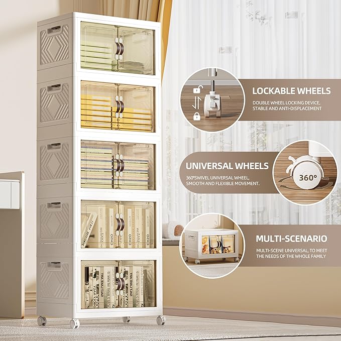 248 QT / 62 Gal Rolling Foldable Storage Cabinet with Stackable Feature - Double Magnetic Doors, Leather Handles, Durable Plastic for Closet/Office, Easy Assembly & Move