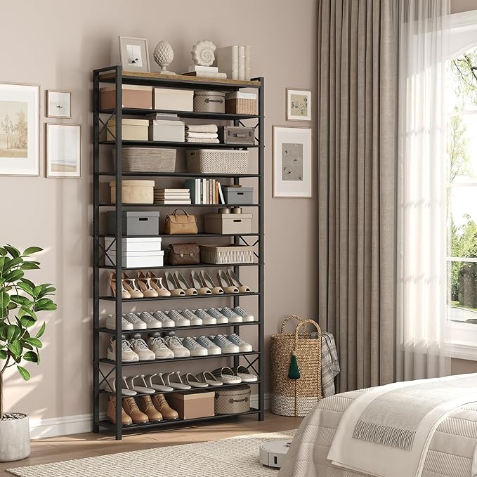 YATINEY 12-Tier Shoe Rack, 39.4" L Shoe Shelf for 54-60 Pairs of Shoes, Tall Shoe Storage Organizer with Metal Frame, Large Capacity Shoes Rack for Entryway, Closet, Rustic Brown and Black SS40BR