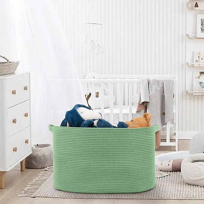 MEGASKET Large Green Baskets for Organizing, 23.6" x 17" x 12" Rectangle Blanket Holder Organizer, Kids Toy Storage Bins, Woven Rope Storage Basket, Green Home Decor Basket, Baby Nursery Storage