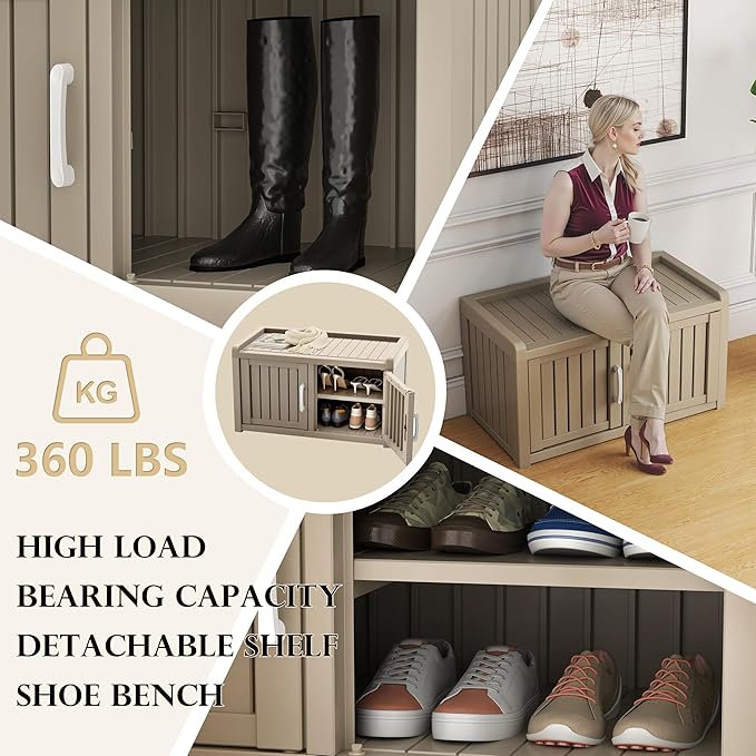 EasyUp Shoe Bench Waterproof,Resin Shoe Cabinet,Outdoor Storage,Industrial Hallway Bench with Adjustable Shelves for Entryway,Living Room,Bedroom(Grey,Double Door)