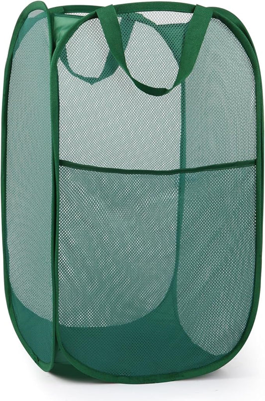 Durable Collapsible Laundry Baskets, Tear-resistant Pop Up Hamper for Laundry, Foldable Clothes Hamper with Reinforced Carry Handles Handy Pocket for Laundry Room, Bathroom, Dorm or Travel Emerald