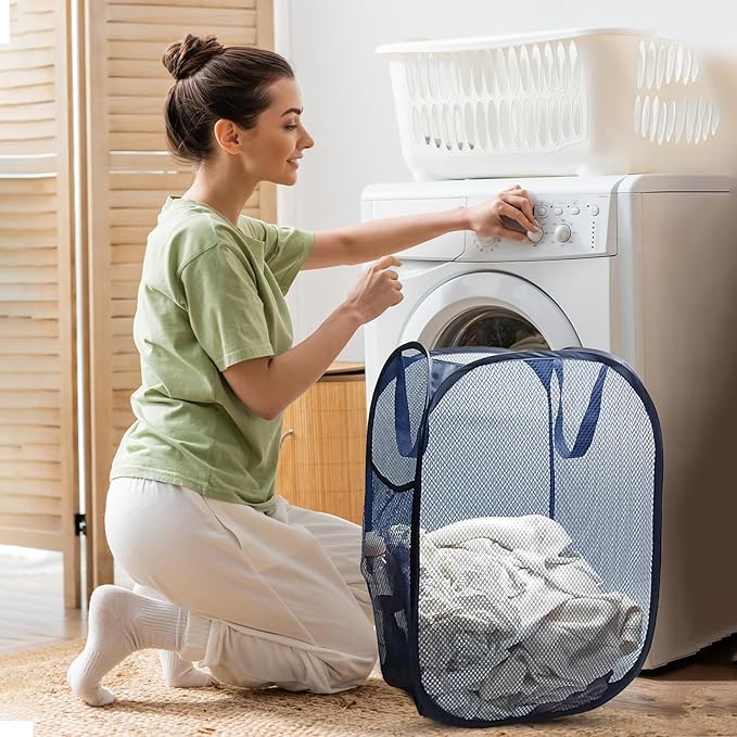 Pop up hamper, the upgraded laundry basket with breathable side pocket mesh. Ideal for room, apartment, dormitory, travel, business trip & kids storage (1, Dark blue)