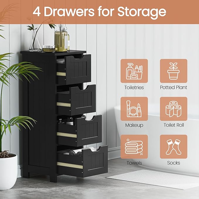 SUPER DEAL Small Bathroom Storage Cabinet with 4 Drawers, Freestanding Narrow Wooden Side Storage Organizer for Bathroom Hallway Living Room, Black
