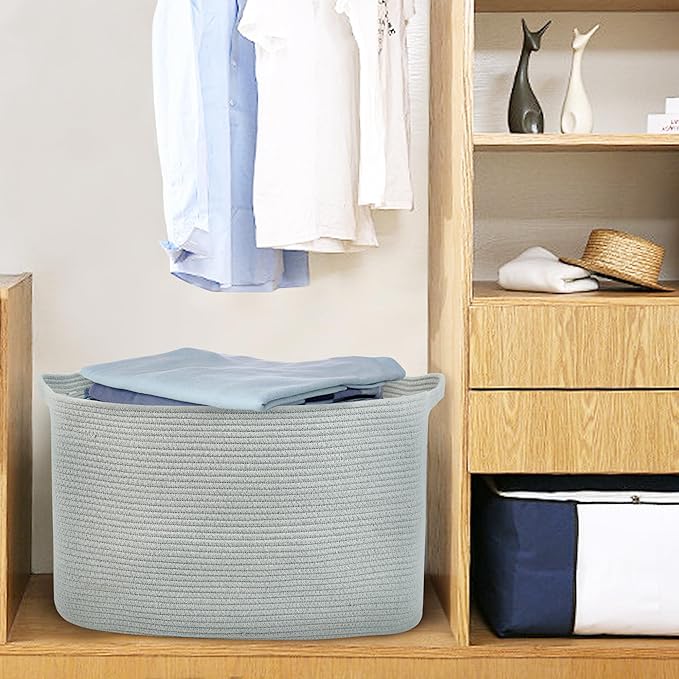 MEGASKET Extra Large Rectangle Storage Basket, 23.6" x 17" x 12" Gray Blanket Storage for Living Room, Large Soft Woven Cotton Rope Bin for Organizing, Kids Dog Wicker Toy Box Organizer