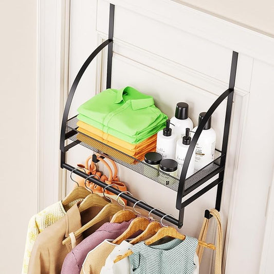 Over The Door Clothes Hanger Drying Rack, Over Door Drying Rack with Storage Basket and Hooks for Hanging Towels, Coats & Clothes, Door Hanger Organizer for Bathroom Laundry Dorms Washroom (Black)