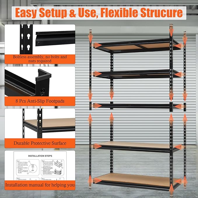 GarveeTech 5-Tier Heavy Duty Garage Shelving Units, Adjustable Storage Shelves,Loads 2000 LBSS,Adjustable Garage Storage Shelving, Metal Storage Utility Rack Shelf Unit