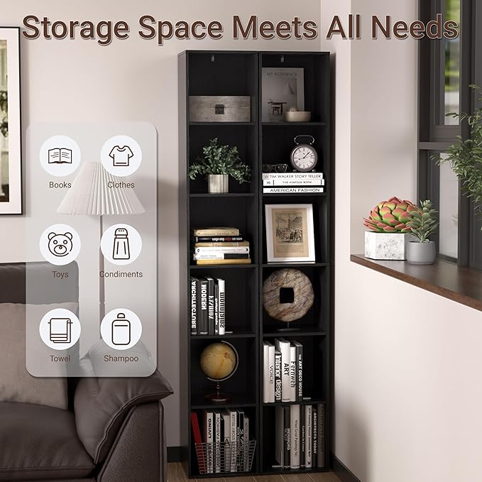 6 Cube Storage Organizer, Narrow Open Shelf Bookcase, Freestanding 6 Cube Storage Shelf, Moisture-Proof Scratch-Resistant Melamine Display Shelf for Bedroom, Living Room, Study, Home，Black