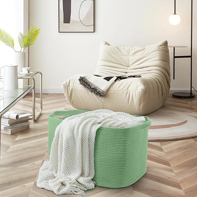 MEGASKET Large Green Baskets for Organizing, 23.6" x 17" x 12" Rectangle Blanket Holder Organizer, Kids Toy Storage Bins, Woven Rope Storage Basket, Green Home Decor Basket, Baby Nursery Storage