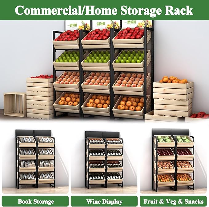 3/4 Tier Fruits & Vegetables Kitchen Shelf Rack Display,Retail Snack Stand, Large Solid Wood Floor Multi-layer Storage Frame for Commercial Supermarket(A-3 Tier)