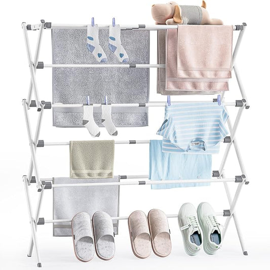 APEXCHASER Clothes Drying Rack, Foldable & Extendable Laundry Rack with Adjustable Size (14.57in-35.43inW), Space-Saving, Rust-Resistant Frame & Floor Protection for Indoor/Outdoor Use, White