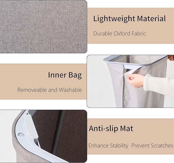 Laundry Hamper with Lid and Removable Laundry Bags, Large 2 Dividers Dirty Clothes Basket for Bedroom, Laundry Room, Bathroom
