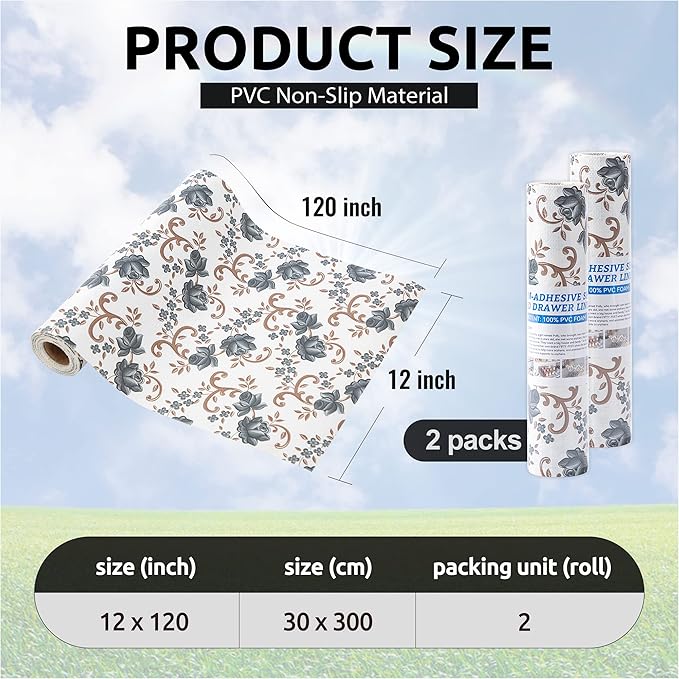 FIFTY FEET 12X120 Inch Shelf Liner for Kitchen Cabinets, PVC Drawer Liner for Dresser Non-Slip Bathroom, Non-Adhesive Cabinet Liner Washable (Black Floral)(2 Roll)