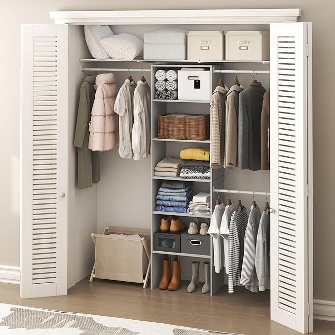 Furinno FANO Closet Organizers and Storage, 5-Tier Wide Closet Storage Organizer with 3 Hanging Bars and Adjustable Shelf, Wardrobe Closet Shelf Tower, 14.8 x 23.6 x 82.1 for Wardrobe, Bedroom, White