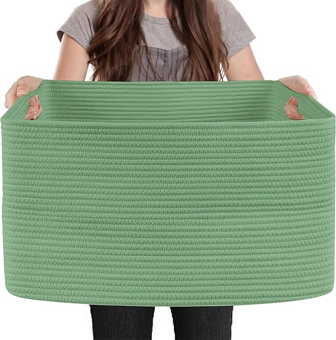 MEGASKET Large Green Baskets for Organizing, 23.6" x 17" x 12" Rectangle Blanket Holder Organizer, Kids Toy Storage Bins, Woven Rope Storage Basket, Green Home Decor Basket, Baby Nursery Storage
