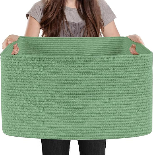 MEGASKET Large Green Baskets for Organizing, 23.6" x 17" x 12" Rectangle Blanket Holder Organizer, Kids Toy Storage Bins, Woven Rope Storage Basket, Green Home Decor Basket, Baby Nursery Storage