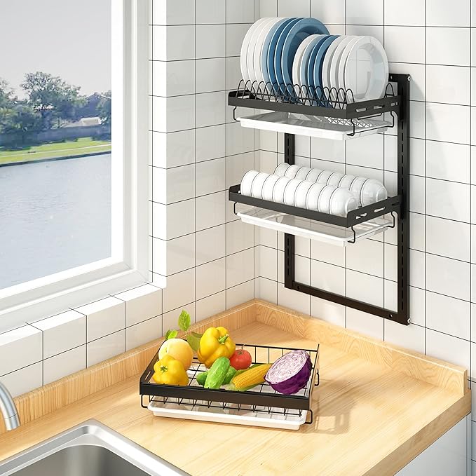 PUSDON 3 Tier Wall Mounted Dish Drying Rack, Black Rustproof Hanging Dish Drainer Organizer with Utensil Holder & Removable Drainboards, Adjustable Heavy Duty Kitchen Space Saver