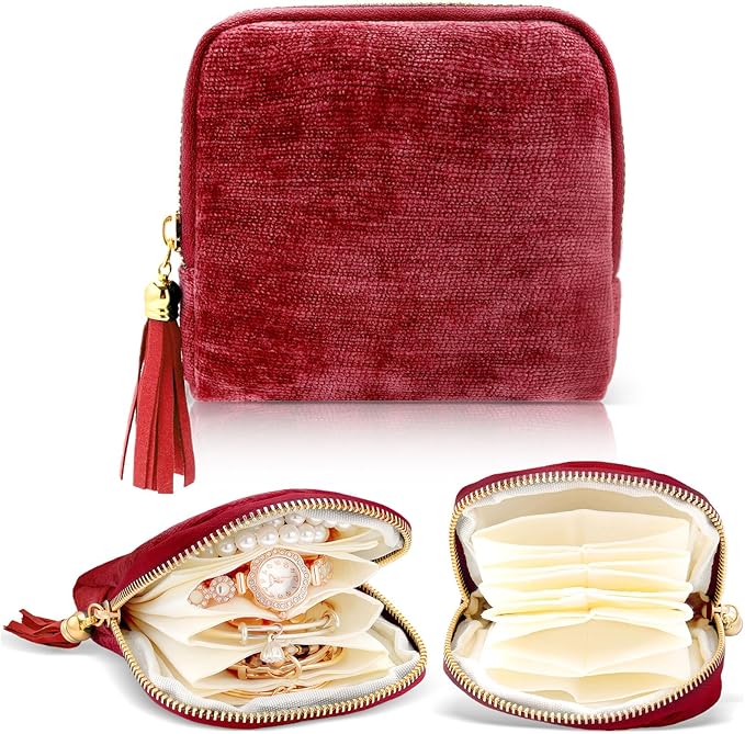 Travel Jewelry Case Small Soft Velvet Organizer Pouch Storage Bag Mini Jewelry Bag for Gemstones Bracelets Healing Crystal Earring Necklaces Red