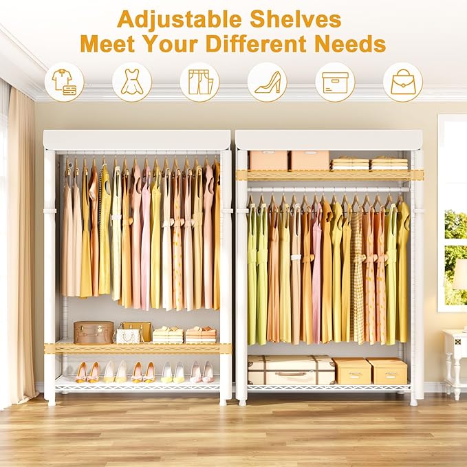 ULIFHOME H5C Plus Clothes Rack with Cover, Portable Closet for Hanging Clothes, Covered Clothing Racks Heavy Duty, 3-Tiers Garment Rack with Shelves Max Load 370LBS White Closet Rack with White Cover