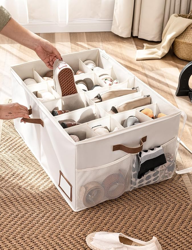 StorageWorks Shoe Organizer for Closet, Shoe Storage with Side Mesh Pocket, Shoe Closet Organizer With Clear Cover, Storage Shoe Containers for Sneakers and Sandals, Fits up to 20 Pairs, Beige