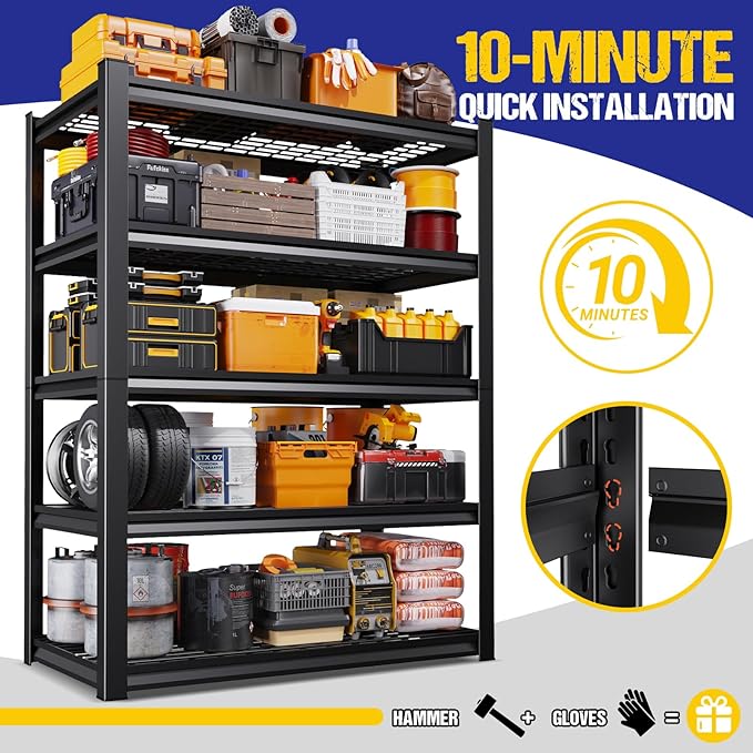 Set of 2 Heavy Duty Garage Shelving 5-Tier Storage Shelves, Adjustable Metal Shelving Unit, Utility Garage Organizer Shelf for Basement, Pantry, Warehouse, Supermarket, 59" W x 19.7" D x 72" H