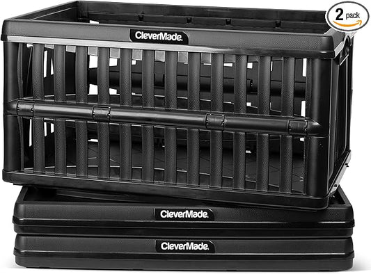 CleverMade 60L Collapsible Utility Crate (66 lb Capacity), Heavy Duty Folding Storage Crate, Stackable Plastic Organizer for Car Trunk, Garage & Groceries, 23 x 15 x 12 in, Obsidian