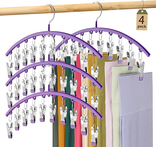Legging Organizer for Closet, Metal Yoga Pants Hanger w/Rubber Coated 4 Pack w/10 Clips Hold 40 Leggings, Hangers Space Saving Hanging, Closet Organizers and Storage-Purple
