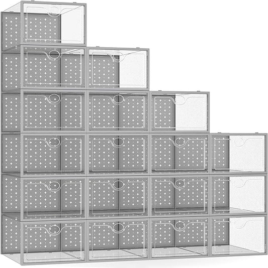 Pinkpum 18 Pack X-Large Shoe Storage Boxes Fit Size 12, Shoe Organizer for Closet Clear Plastic Stackable Shoe Dispaly Case Holder Bins, Sneaker Storage for Sneakerheads Grey