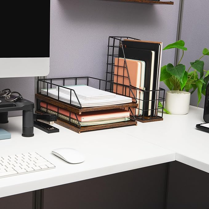 Mind Reader 2-Tier Rustic Letter Tray Organizer with Metal Frame, Wood Base for Desk or Office, Stackable, Metal and Wood, Black