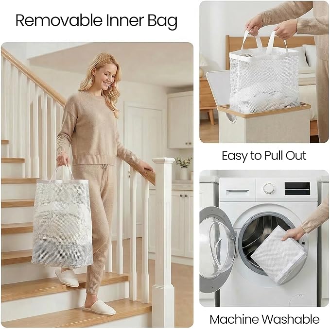 efluky Slim Laundry Basket with Lid, Narrow Laundry Hamper with Removable Bag, Skinny Dirty Clothes Basket with Bamboo Handles for Bathroom, Bedroom & Laundry Room, 90L Beige