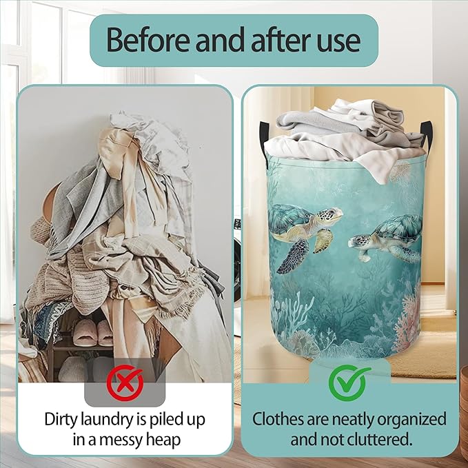 Laundry Hamper Foldable Oxford Cloth Turtle Beach Palm Trees Laundry Basket With Handle Portable Clothes Storage Organizer Basket Storage Bag For Laundry Room/Bedroom/Bathroom