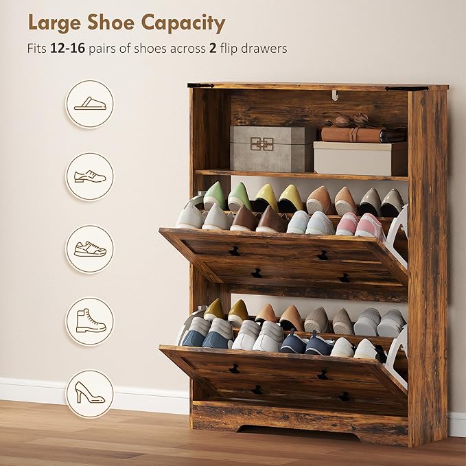 HOMCOM Shoe Cabinet with 2 Flip Drawers, Narrow Shoe Storage Cabinet with Adjustable Shelves and Open Shelf, Farmhouse Storage Organizer for Entryway, Hallway, Holds 12-16 Pairs, Rustic Brown