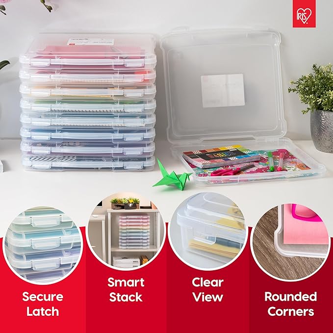 IRIS USA Board Game Storage Craft Organizer Box with Snap-Tight Latch Lid, 6-Pack Portable Plastic Case Bin for Puzzles, Magazines, Hobbies, Art Supplies, Fits 8.5" x 11" & A4 Papers, Thick, Clear